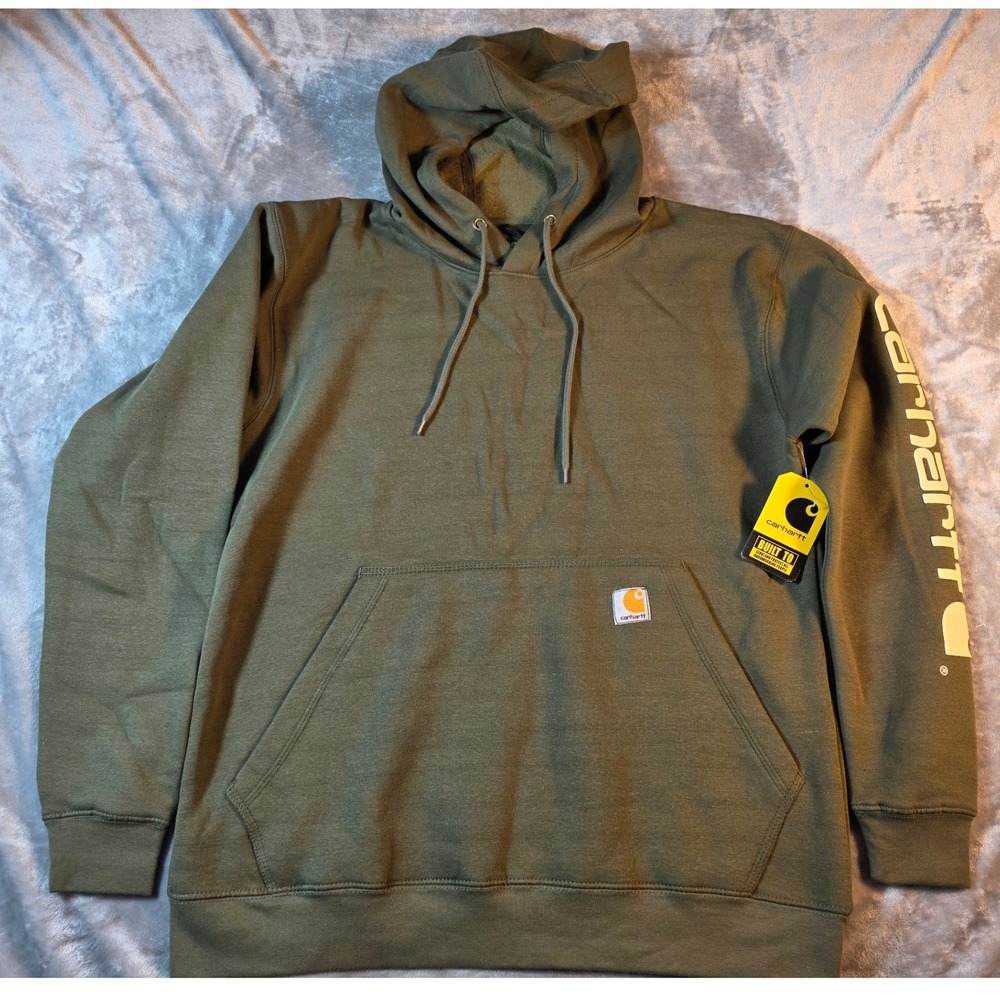 Carhartt Logo Sleeve Fleece Hoodie Mens Small Green Loose Fit Midweight